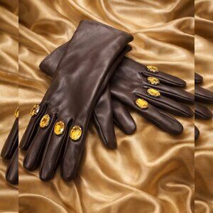 One Size Brown Embellished Pleather Gloves